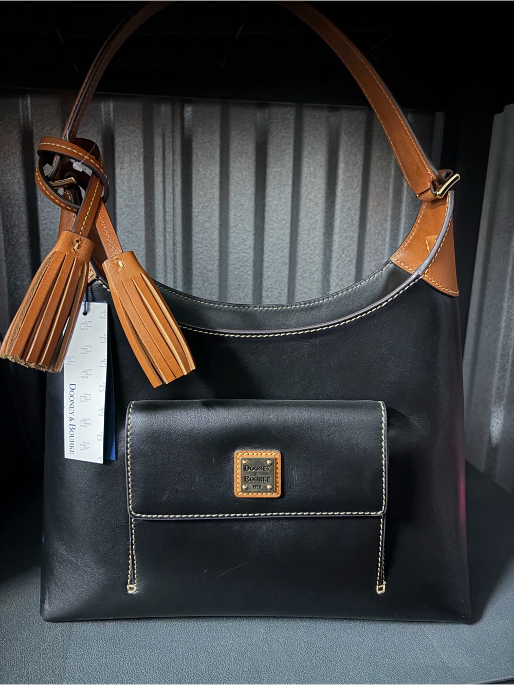 NWT Dooney & Bourke Black Leather Shoulder Bag with Tan Accents